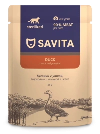Влажный корм SAVITA Duck & Vegetables для стерилизованных кошек, с уткой и овощами в желе, 85 г