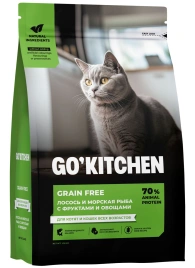 Сухой корм Go'Kitchen Salmon & Fish для котят и кошек всех возрастов, с лососем и морской, с лососем и рыбой, 1,36 кг