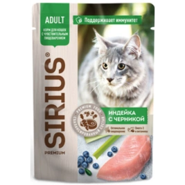 Влажный корм SIRIUS Premium Adult консервированный Turkey & Blueberry для кошек, с чувствительным пищеварением кусочки в соусе индейка с черникой, 85 г
