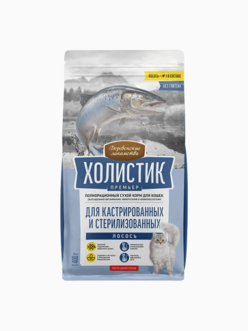 Сухой корм Деревенские Лакомства Holistic Премьер, для кастрированных и стерилизованных кошек, с Лососем,  50 г фото 1