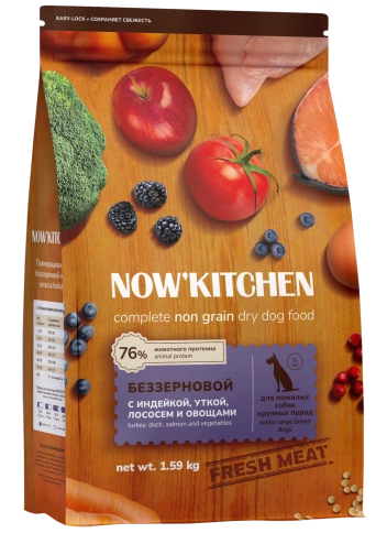 Сухой корм NOW'KITCHEN Fresh Senior Turkey, Duck & Salmon для собак крупных пород старше 7 лет со свежей индейкой,уткой, с индейкой, уткой и лососем, 1,59 кг фото 1