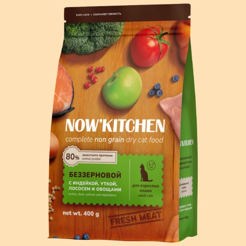 Сухой корм NOW'KITCHEN Fresh Adult Turkey, Duck, Salmon & Vegetables для взрослых кошек со свежей индейкой,уткой,лососем и овощами, 400 г фото 1