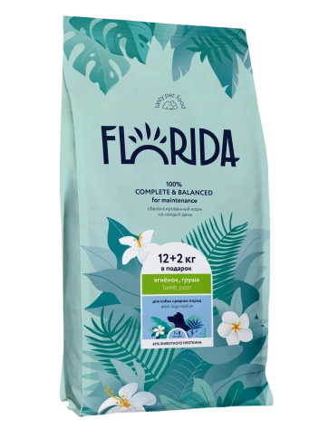 Сухой корм FLORIDA Medium Adult Lamb & Pear для взрослых собак средних пород, с ягненком и грушей, 14 кг фото 1