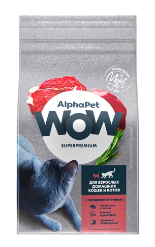 Сухой корм ALPHAPET WOW Superpremium Beef & Liver для взрослых домашних кошек и котов, с говядиной и печенью, 750 г фото 1