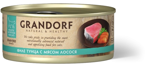 Влажный корм Grandorf Tuna & Salmon для кошек, консервы, Филе тунца с мясом лосося в бульоне, 70 г фото 1