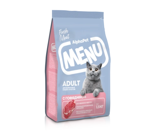 Сухой корм ALPHAPET MENU Beef для взрослых кошек и котов, с говядиной, 1.5 кг фото 1