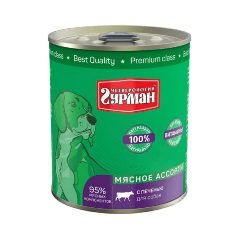 Влажный корм Четвероногий Гурман Meat Assortment & Liver для собак, с мясным ассорти и печенью, 340 г фото 1