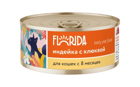 Влажный корм FLORIDA Turkey & Cranberry для взрослых кошек из индейки с клюквой, 100 г фото 1