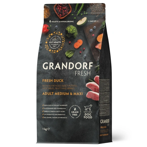 Сухой корм Grandorf Fresh Dog Duck & Sweet Potato для взрослых собак средних и крупных пород диетическая формула для особо аллергичных собак утка, с бататом, 1 кг фото 1