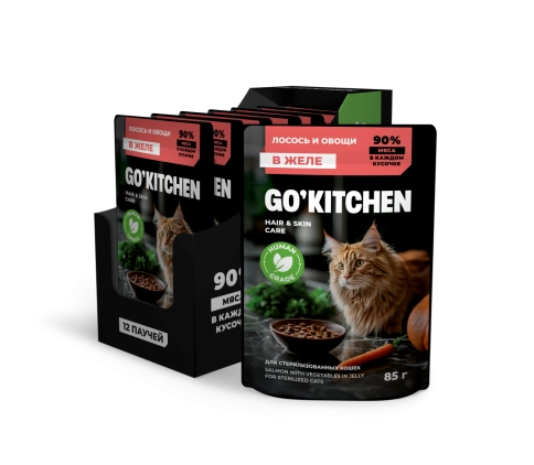 Влажный корм Go'Kitchen Salmon & Vegetables для стерилизованных кошек, с лососем и овощами в желе, 85 г фото 3