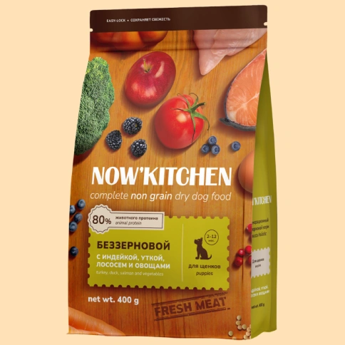 Сухой корм NOW'KITCHEN Fresh Puppy Turkey, Duck & Salmon для щенков со свежей индейкой, с индейкой, уткой и лососем, 400 г фото 1