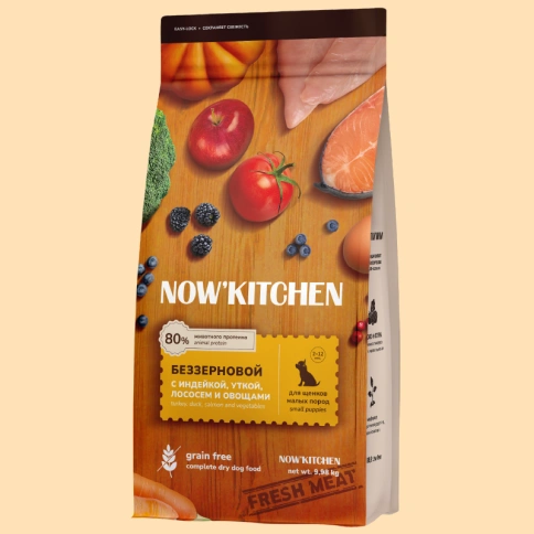 Сухой корм NOW'KITCHEN Turkey, Duck, Salmon & Vegetables для щенков малых пород, с индейкой, уткой, лососем и овощами, 9,98 кг фото 1