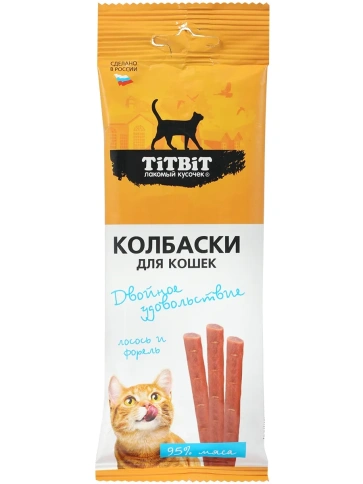 Лакомство Titbit Двойное удовольствие колбаски для кошек, с лососем и форелью, 45 г фото 1