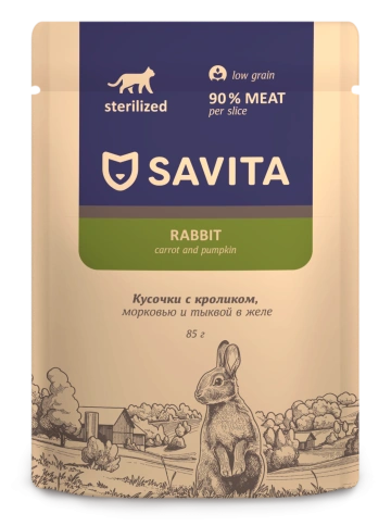 Влажный корм SAVITA Rabbit & Vegetables для стерилизованных кошек, с кроликом и овощами в желе, 85 г фото 1
