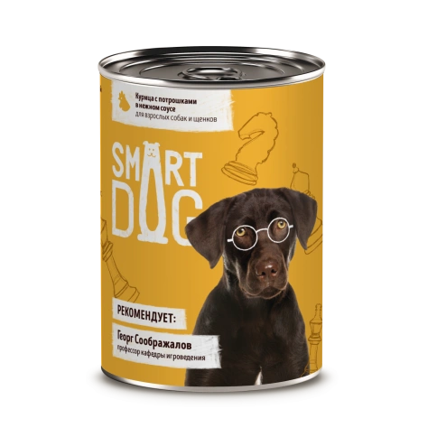 Влажный корм Smart Dog Chicken & Giblets для взрослых собак и щенков, кусочки курочки, с потрошками в нежном соусе, 400 г фото 1