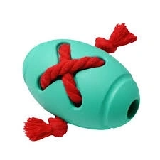Игрушка Homepet Silver Series для собак, мяч регби с канатом бирюзовый каучук, 8 см х 12,7 см фото 1