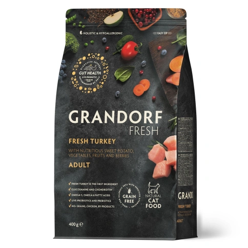 Сухой корм Grandorf Fresh Cat Turkey & Sweet Potato для взрослых кошек, диетическая формула для особо аллергичных кошек индейка, с бататом, 400 г фото 1