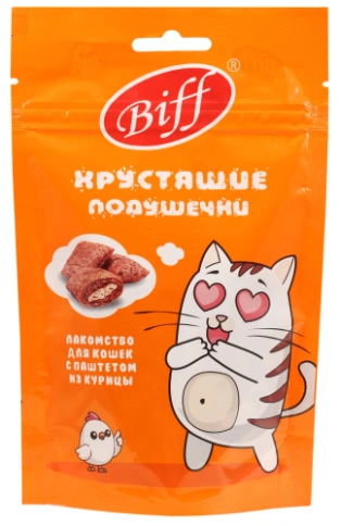 Лакомство Biff Chicken хрустящие подушечки для кошек, с паштетом из курицы, 60 г фото 1