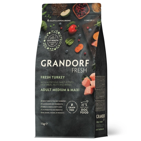 Сухой корм Grandorf Fresh Dog Turkey & Sweet Potato для взрослых собак средних и крупных пород диетическая формула для особо аллергичных собак индейка, с бататом, 1 кг фото 1