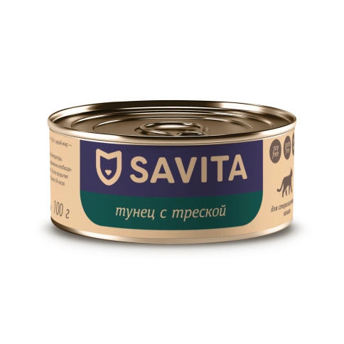 Влажный корм SAVITA Tuna & Cod для стерилизованных кошек, с тунцом и треской, 100 г фото 1