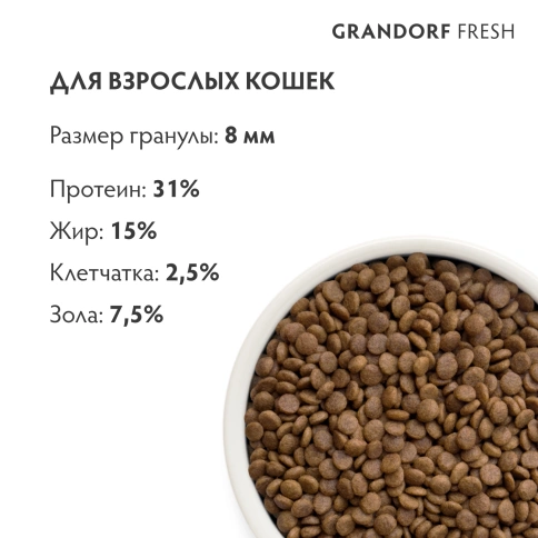 Сухой корм Grandorf Fresh Cat Turkey & Sweet Potato для взрослых кошек, диетическая формула для особо аллергичных кошек индейка, с бататом, 400 г фото 9