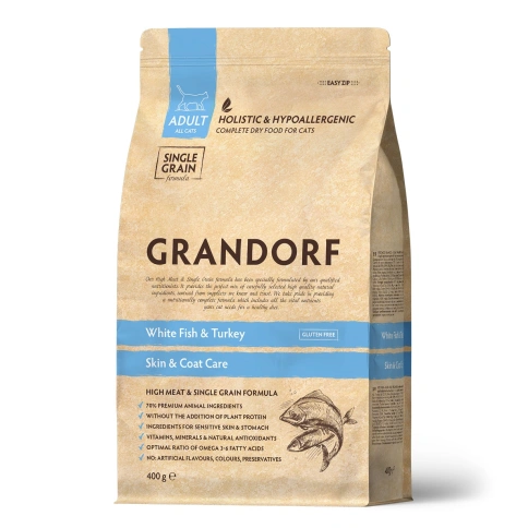 Сухой корм Grandorf White Fish & Turkey Skin & Care для кошек для заботы о коже и шерсти, с белой рыбой и индейкой, 400 г фото 1