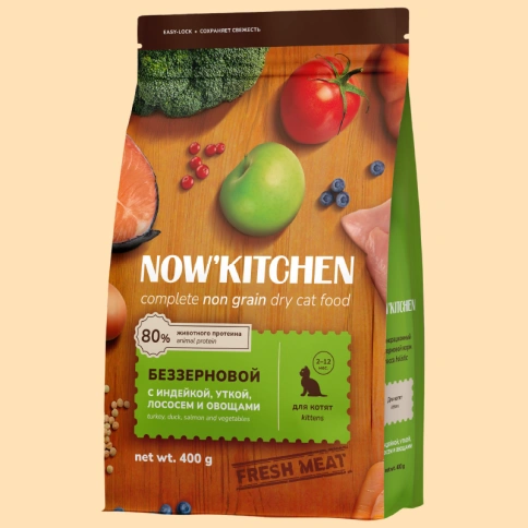 Сухой корм NOW'KITCHEN Fresh Kitten Turkey, Duck, Salmon & Vegetables для котят со свежей индейкой, уткой, лососем и овощами, 400 г фото 1