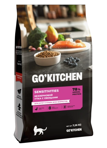 Сухой корм Go'Kitchen Duck для котят и кошек всех возрастов для чувствительного пищеварения, с уткой, 7,26 кг фото 1
