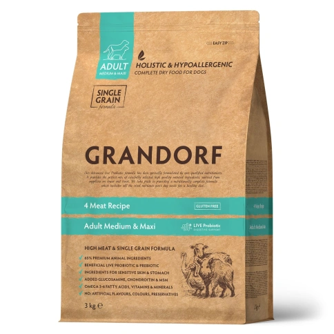 Сухой корм Grandorf 4 Meat Probiotic Med & Maxi Четыре вида мяса Meat Assortment для взрослых собак средних и крупных пород, 10 кг фото 1