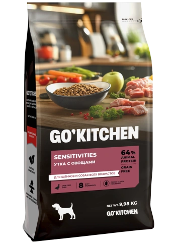 Сухой корм Go'Kitchen Duck для щенков и собак всех возрастов для чувствительного пищеварения, с уткой, 9,98 кг фото 1