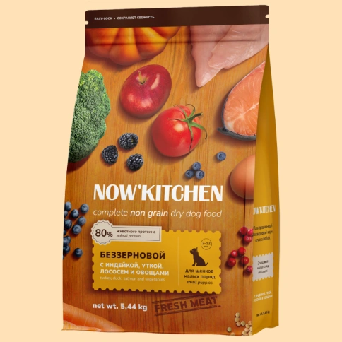 Сухой корм NOW'KITCHEN Turkey, Duck, Salmon & Vegetables для щенков малых пород, с индейкой, уткой, лососем и овощами, 5,44 кг фото 1