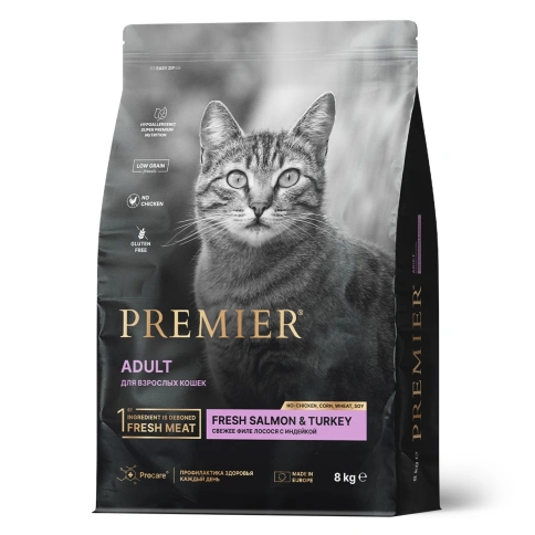 Сухой корм Premier Cat Salmon & Turkey Adult для взрослых кошек, с лососем и индейкой, 8 кг фото 1