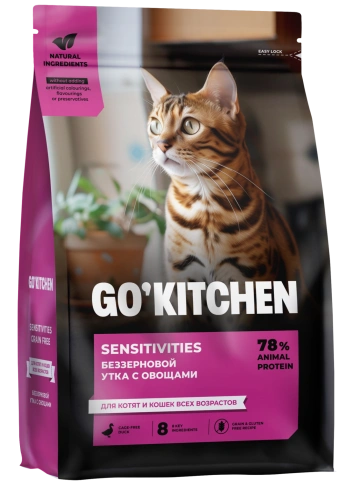 Сухой корм Go'Kitchen Duck для котят и кошек всех возрастов для чувствительного пищеварения, с уткой, 1,36 кг фото 1