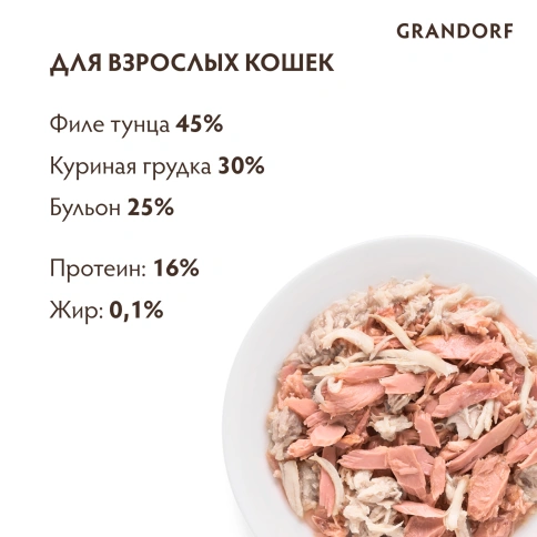 Влажный корм Grandorf Tuna & Chicken для кошек, консервы, Филе тунца с куриной грудкой в бульоне, 70 г фото 4