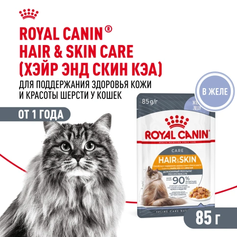 Влажный корм Royal Canin Hair & Skin Care в желе для взрослых кошек старше 1 года, пауч, 85 г фото 1