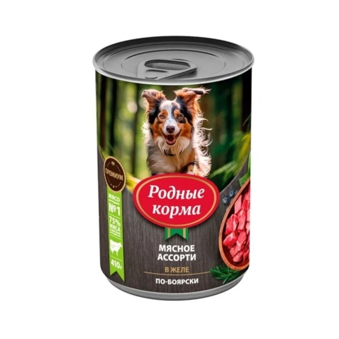 Влажный корм Родные корма Meat Assortment для собак, мясное ассорти в желе по-боярски, 410 г фото 1