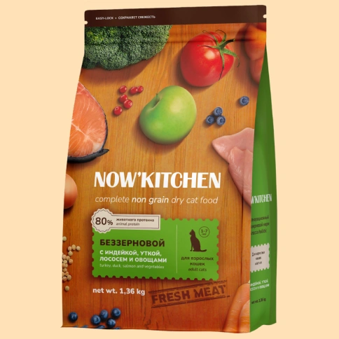 Сухой корм NOW'KITCHEN Fresh Adult Turkey, Duck, Salmon & Vegetables для взрослых кошек со свежей индейкой,уткой,лососем и овощами, 1,36 кг фото 1