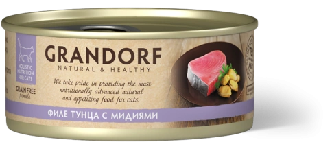 Влажный корм Grandorf Tuna & Mussel для кошек, консервы, Филе тунца с мидиями в бульоне, 70 г фото 1