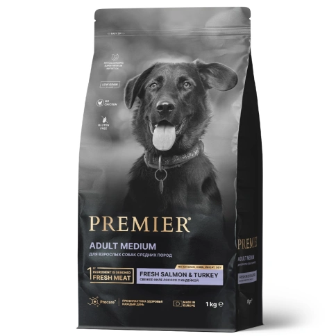 Сухой корм Premier Dog Salmon & Turkey Adult Medium для собак средних пород, с лососем и индейкой, 1 кг фото 1