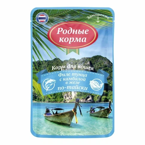 Влажный корм Родные корма заморские паучи Tuna для кошек, филе тунца с камбалой в желе по-тайски, 70 г фото 1
