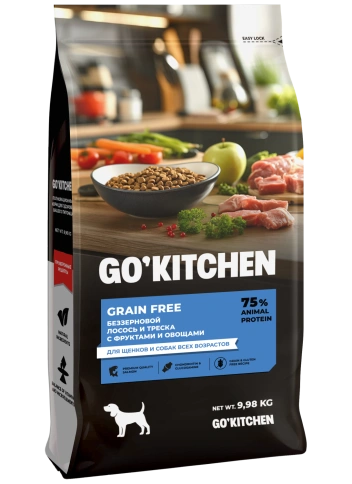 Сухой корм Go'Kitchen Salmon, Cod & Vegetables Для щенков и собак всех возрастов, с лососем, треской, фруктами и овощами, 9,98 кг фото 1