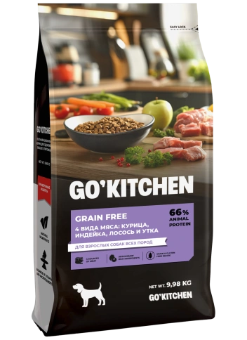 Сухой корм Go'Kitchen Chicken, Turkey, Salmon & Duck для взрослых собак всех пород, с курицей., с курицей, индейкой, лососем и уткой, 9,88 кг фото 4
