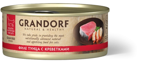 Влажный корм Grandorf Tuna & Shrimp для кошек, консервы, Филе тунца с креветками в бульоне, 70 г фото 1
