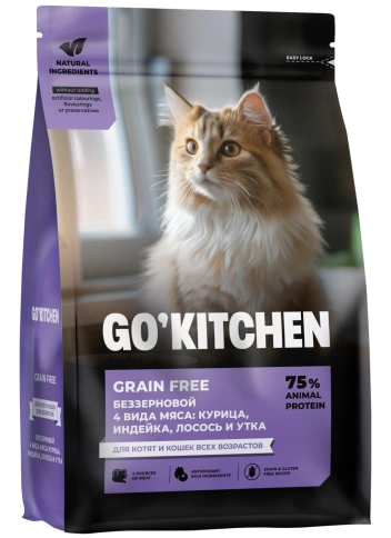 Сухой корм Go'Kitchen Chicken, Turkey, Salmon & Duck для котят и кошек всех возрастов, с курицей, с курицей, индейкой, лососем и уткой, 3,36 кг фото 1