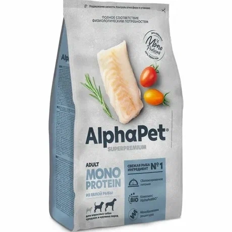 Сухой корм ALPHAPET Superpremium Monoprotein White Fish для взрослых собак мелких пород, с белой рыбой, 1,5 кг фото 1