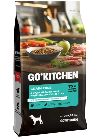 Сухой корм Go'Kitchen Chicken, Turkey, Salmon & Duck для пожилых собак всех пород, с курицей, с курицей, индейкой, лососем и уткой, 9,98 кг фото 1